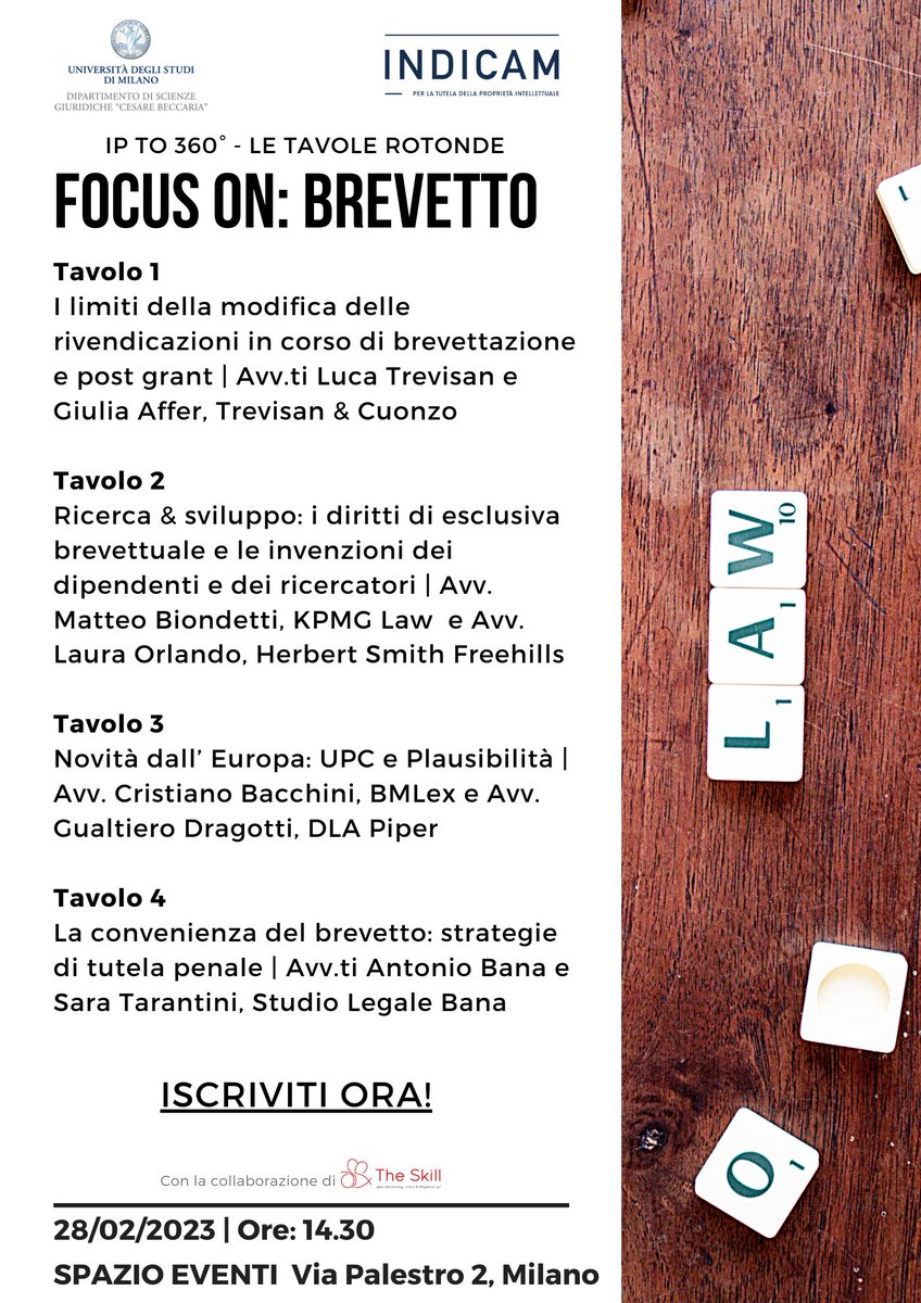INDICAMit's tweet photo. 📅 28/02 | h 14.30
📍 Spazio Eventi, via Palestro 2 Milano
📢 IPto360° - Le Tavole Rotonde. Focus on: BREVETTO
Grazie a: Antonio Bana, Sara Tarantini, Cristiano Bacchini, Gualtiero Dragotti, Matteo Biondetti, Laura Orlando, Giulia Affer e Luca Trevisan.

https://t.co/JuOkmiR6rS https://t.co/DXXiXZWZIK