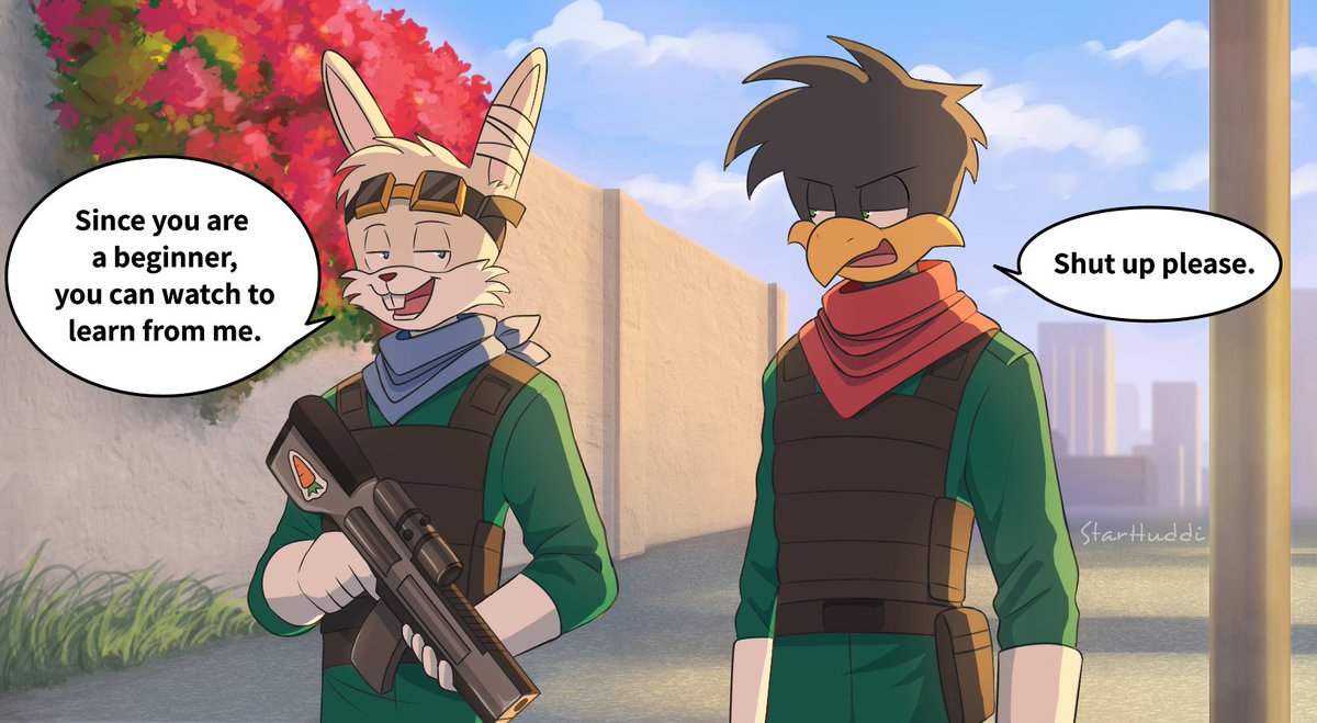 StarHuddi's tweet photo. I designed these two characters so I drew this picture of them, Something like Bugs and Daffy, but they're soldiers.
#digitalart #ocart https://t.co/9vj1FD9tPM