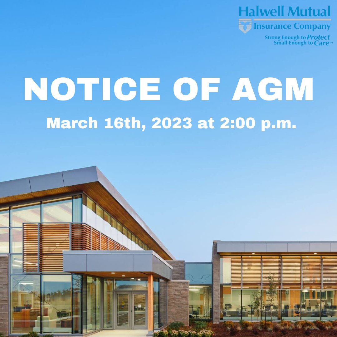 Halwell Mutual's Annual General Meeting (AGM) is coming up!

To learn more about the purpose of this meeting and how you can register please click here: halwellmutual.com/2023-annual-ge…

Policyholders and non-voting guests are asked to pre-register no later than Monday, March 6th. 

#AGM