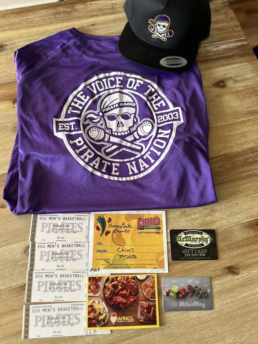 🚨GIVE AWAY ALERT🚨
RT &amp; FOLLOW <a href="/PR927FM/">Pirate Radio ☠️</a> for a chance to win:
-4 tickets to ECU vs #1 Houston Saturday night in Minges
-Over $50 in gift cards to local businesses 
-Pirate Radio Hat &amp; T-Shirt 
#Stations4Winners🏴‍☠️