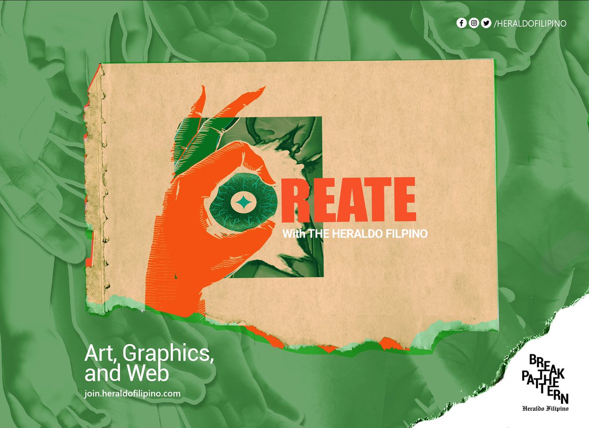 heraldofilipino's tweet image. Breaking the old ways starts with thinking outside the box.
Create meaningful conversations through art, design, and multimedia. #BreakthePattern with The HERALDO FILIPINO. Join our Art, Graphics, and Web sections.
Visit join.heraldofilipino.com for more details.