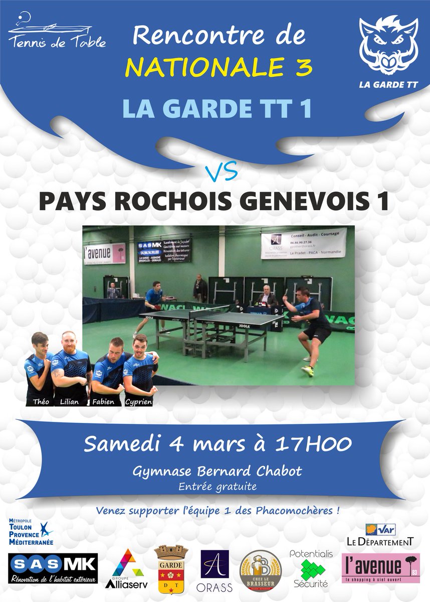 LaGarde_TT's tweet photo. 🏓Championnat Nationale 3 samedi 3 mars à 17H salle Bernard Chabot ! #tennisdetable @lagarde83130
 #tabletennis #pingpong  #championnat https://t.co/8Km0qJMrVs