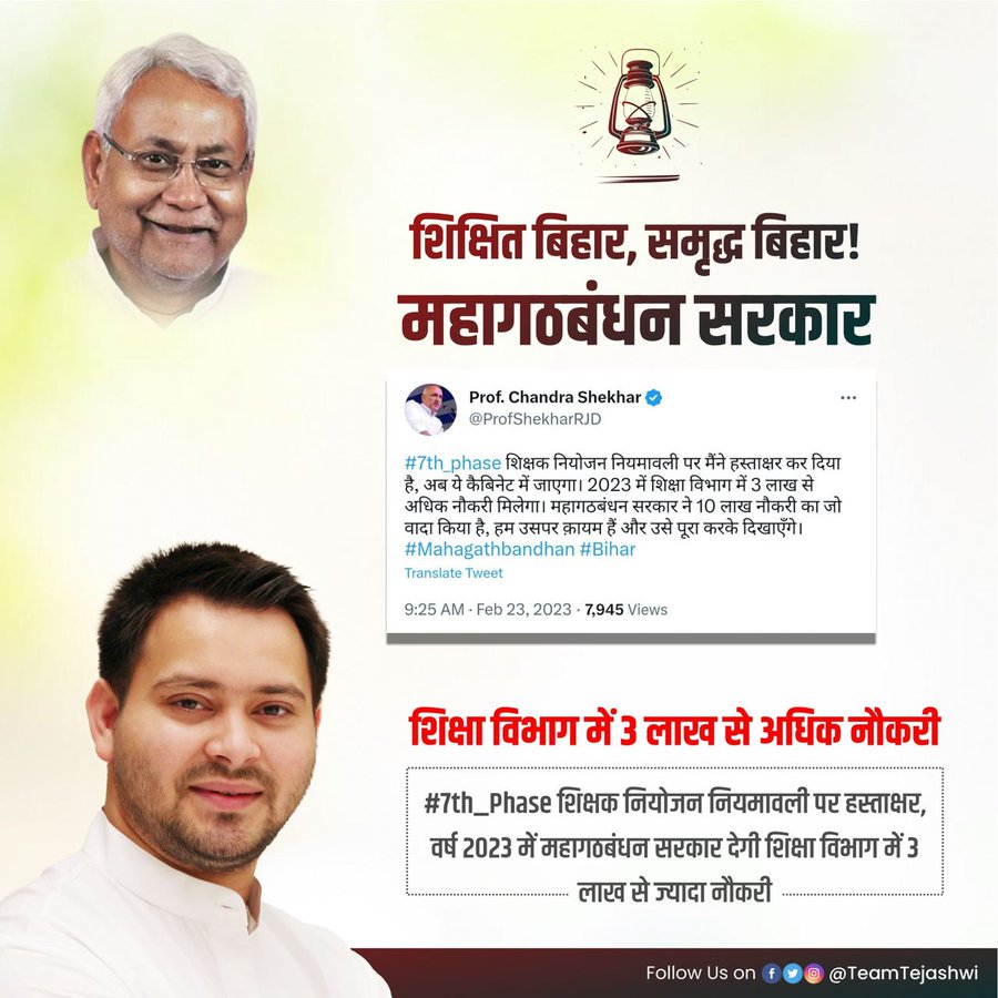 kumarmashuk4's tweet image. शिक्षित बिहार , समृद्ध बिहार !
महागठबंधन सरकार!

बधाई बिहार!
#7th_Phase शिक्षक नियोजन नियमावली पर हस्ताक्षर! वर्ष 2023 में शिक्षा विभाग में 3 लाख से अधिक नौकरी देगी महागठबंधन सरकार! @ProfShekharRJD @yadavtejashwi @NitishKumar
#7th_phase_1to12_notification