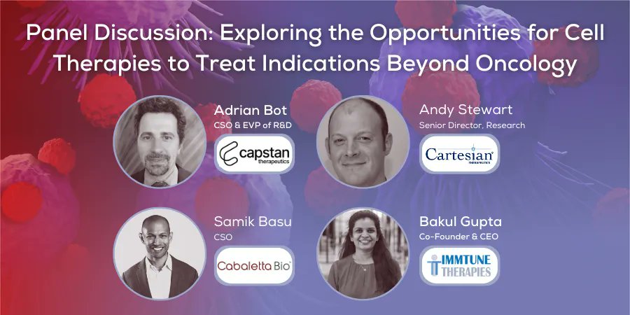 CAR_TCell's tweet photo. What are the opportunities for cell therapies to treat indications beyond oncology? Panel discussion with #CapstanTherapeutics, @ImmtuneTx #CartesianTherapeutics & @CabalettaBio in the Advanced Clinical Development track now at the 6th CAR-TCR Summit Europe #CARTCR #immunotherapy https://t.co/Esd1xHvMAc