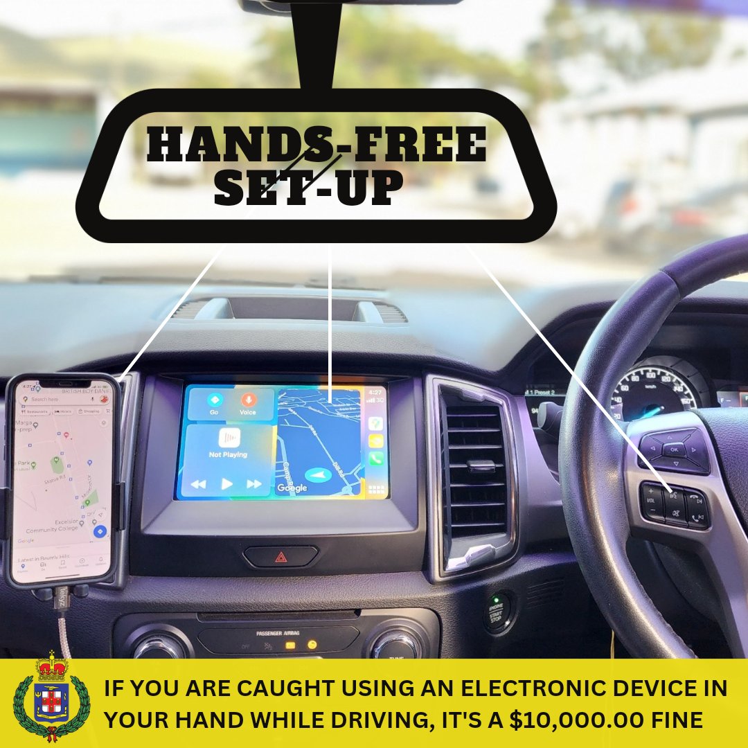 JamaicaConstab's tweet photo. Connect your cell phone to your vehicle's infotainment system and/or use A/C mounts to position your device to access the navigation apps. 

That's the best way to avoid a $10,000 ticket and get to your destination safely. 

#AForce4Good 
#drivesafely 
#drivejamaica https://t.co/ucqNMZcVMm