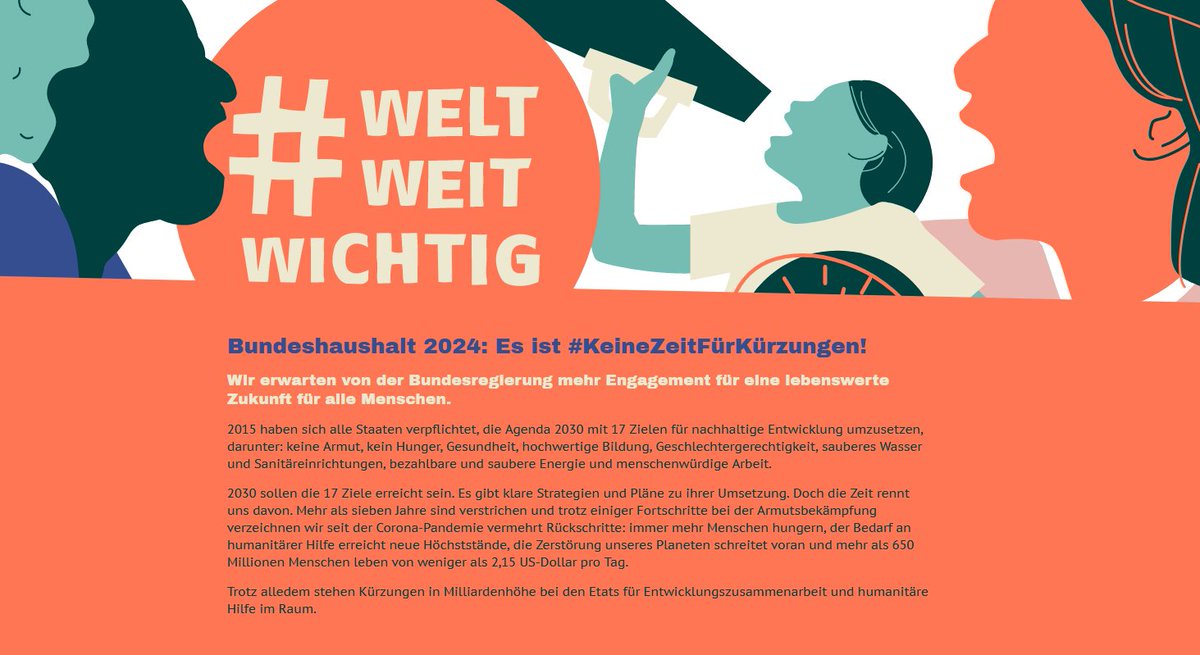 #KeineZeitFürKürzungen beim Bundeshaushalt 2024! Wir erwarten von der Bundesregierung mehr Engagement für eine lebenswerte Zukunft für alle Menschen. Es ist jetzt Zeit zu handeln! Die Hintergründe lesen Sie auf unserer Webseite: weltweitwichtig.de #ActNow #weltweitwichtig