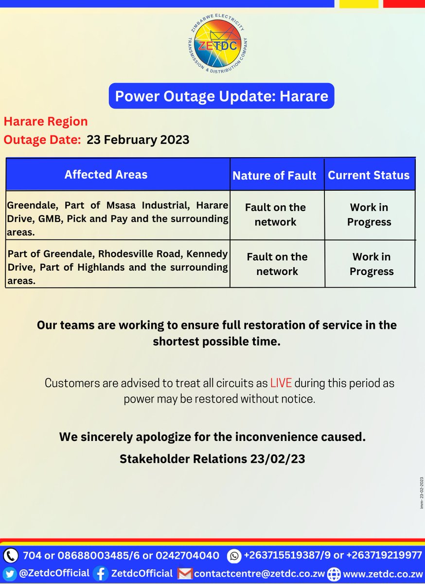 AsterXe_dex's tweet photo. #PowerOutage
#Harare #Greendale #msasa #Highlands 
Residents in the mentioned areas kindly take note. 
@ZBCNewsonline @HeraldZimbabwe @NewsDayZimbabwe https://t.co/q57UmIU8ly
