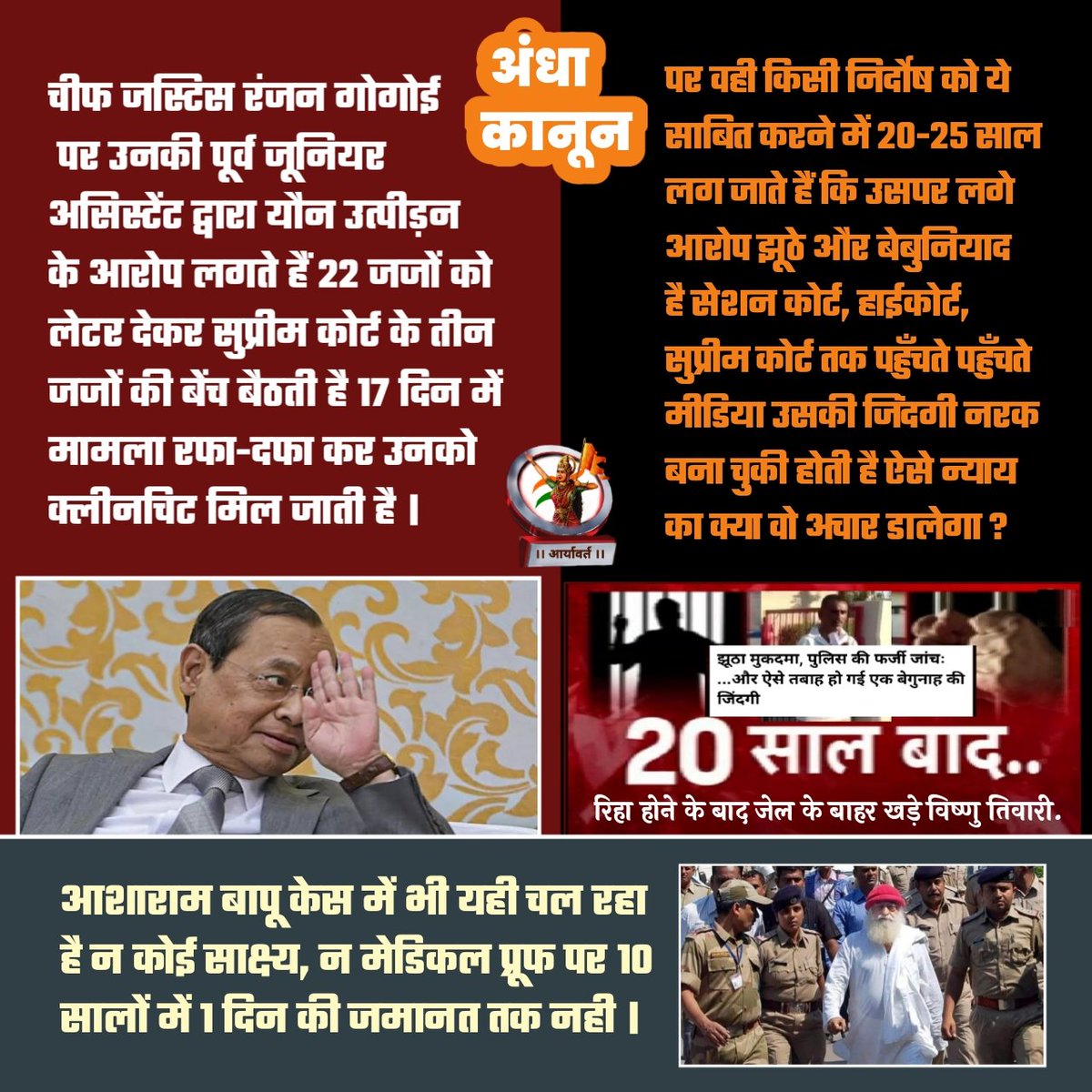रंजन गोगोई पर यौन उत्पीड़न का आरोप लगा,3 जजों की बेंच बैठी,17 दिन में उनको क्लीन चिट मिल गई।

पर वही किसी निर्दोष को ये साबित करने में 20-25 साल लग जाते हैं, कि उसपर लगे आरोप झूठे और बेबुनियाद है।

आज आशाराम बापू केस में,कोई साक्ष्य नही पर 10 सालों में 1 दिन की जमानत तक नही मिली।