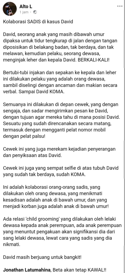 nongandah's tweet photo. Duh, bacanya ngerii banget, sadis banget nih pelaku &amp; pacarnya ketika menganiyaya David. Kok bisa ya mereka sadis begitu? Pantesan kondisi David parah sampai ngga sadar hingga saat ini di ICU. Keadilan harus ditegakkan, kita kawal terus kasusnya.
Ya Allah, sembuhkan David 🙏🙏 https://t.co/uLWfTWiLs6
