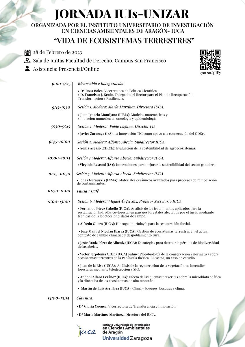 IUCAunizar's tweet photo. 🍃Dentro de las Jornadas de los Institutos Universitarios de Investigación, el 28 de febrero de 2023 tendrá lugar el acto organizado por el IUCA y dedicado al #ODS (Objetivo de Desarrollo
Sostenible) 15, "Vida de ecosistemas terrestres"
·
#iuca #unizar #jornada #vidadeecosistemas https://t.co/Gq3LZVxdsn