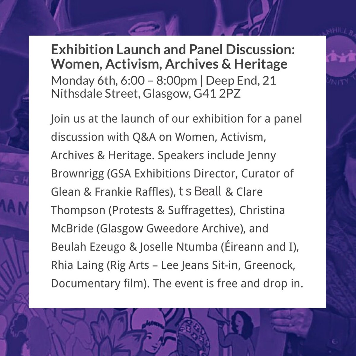 ScotSuffragette's tweet photo. 📣We're v excited to be 🗣💜 in this panel discussion 'Women, Activism, Archives &amp; Heritage' @GovanhillBaths for #InternationalWomensDay!

📅 Mon 6 March
⏰ 6-8pm
📍 Govanhill Baths 21 NithsdaleSt #Glasgow G412PZ
🎟 FREE Drop-in

#IWD
👉🏾 https://t.co/sUD45tqMml https://t.co/TdnzNO8ISO