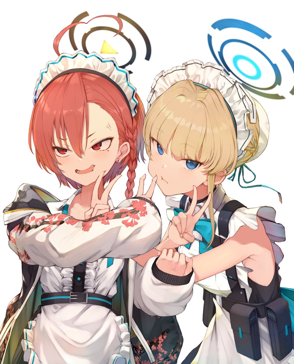 neru (blue archive) multiple girls 2girls maid headdress pouch halo blonde hair v  illustration images