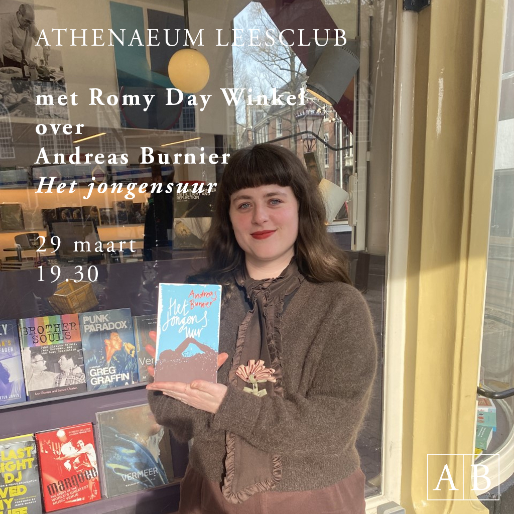 Athenaeum's tweet photo. Op woensdag 29 maart organiseren wij een leesclub rondom het boek Het jongensuur van Andreas #Burnier (@AtlasContact). Haar biograaf Elisabeth Lockhorn zal ook aanwezig zijn en zal samen met boekverkoper @romydaywinkel het gesprek leiden. Bestel je kaartje nu.