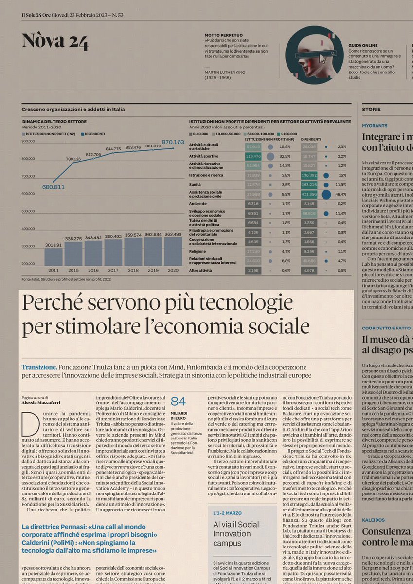 Tiresia_Polimi's tweet photo. «Non spingiamo la tecnologia dall'alto, ma sfidiamo le imprese.» Oggi su Nòva @sole24ore l'intervista a @mariocalderini nell'articolo di @macca1308  su costruzione di un nuovo modello di #economiasociale incentrato su innovazione sociale e tech.
#SocialInnovationCampus @FTriulza https://t.co/lKVXV7sHED
