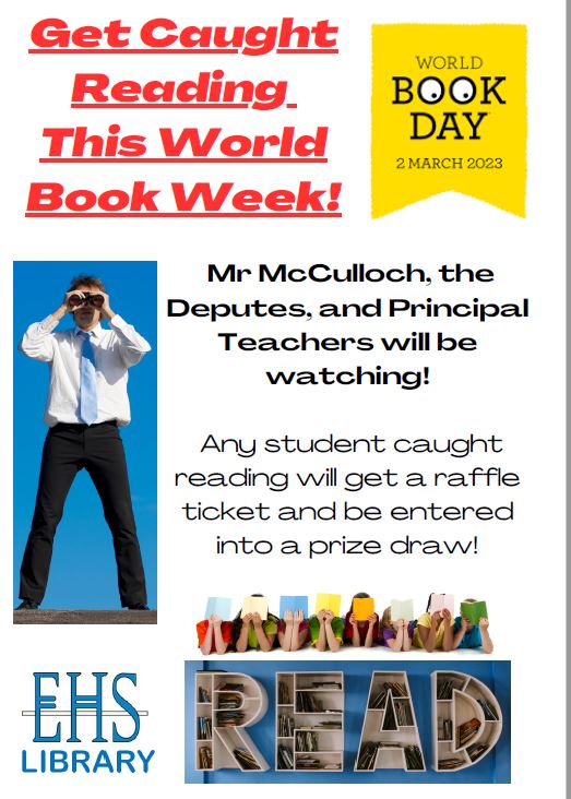 TheLibraryatEHS's tweet photo. #WorldBookDay2023 is coming to EHS on Thursday 2nd March - join in the fun around the school!  Guess ‘Who is Behind the Book’, listen to readings, Get Caught Reading, or pick up a preloved book to enjoy!  Events will take place in the Library, with Mrs King and Mrs Macleod. https://t.co/GRucj727EE