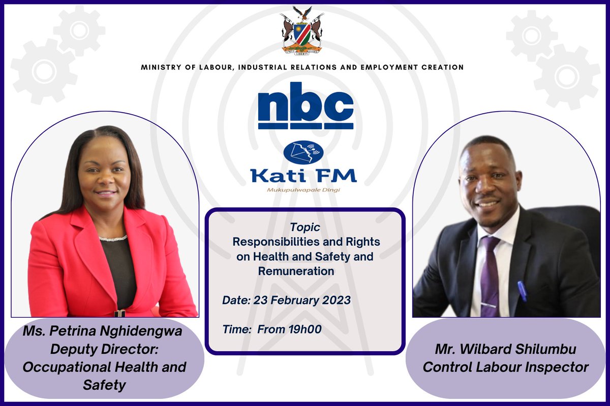 MOJLRNAM's tweet photo. Tune in to NBC Kati FM - Mukupulwapale Dingi from 19h00 today to learn more on Responsibilities and Rights on Health Safety and Remuneration.

#knowyourlabourlaws #labor #jobcreation #jobsecurity #Labour #jobsecurity #mlirec https://t.co/xjf64QtBnj