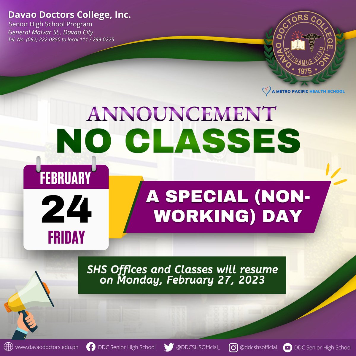 DDCSHSOfficial_'s tweet photo. ANNOUNCEMENT||NO CLASSES 

To all DDCians, please be advised that there will be NO CLASSES/ACTIVITIES and SHS OFFICES on February 24, 2023 (Friday) in commemoration of the Special Non-Working Holiday as declared by the President of the Philippines under Proclamation No. 167. https://t.co/E8sBPQYma6