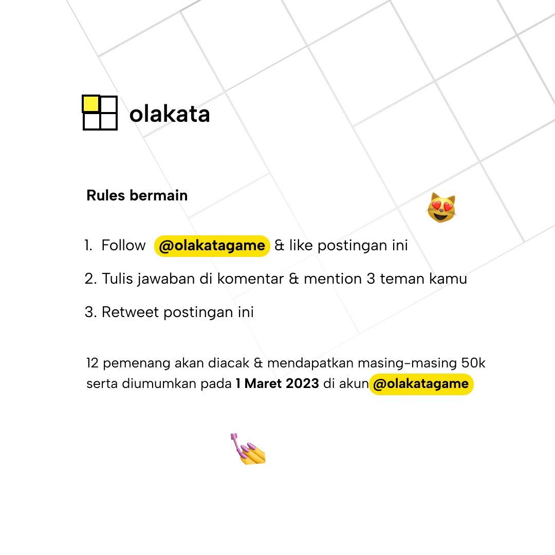 OlakataGame's tweet image. Dapatkan 600k untuk 12 pemenang🥳
Lewat Mini TTS Challenge 7✨

#Olakata #OlakataGame #TTSBerhadiah #KuisBerhadiah #Kuis #TekaTekiSilang #ChallengeIndonesia #GiveawayIndo #GiveawayIndonesia #GiveawayIndonesiaUpdate #Giveaway #GameBerhadiah #KuisGratis #KuisIndonesia #InfoKuis
