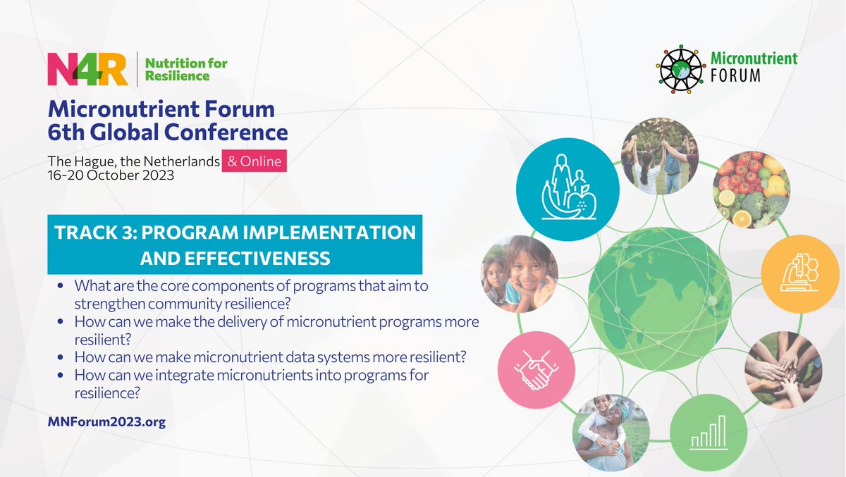 Track 3 at #MNF2023 will bridge the gap between #evidence &amp; #implementation to optimize the effectiveness &amp; impact of #micronutrient #interventions &amp; #NutritionPrograms.

Topics include #dietary patterns, #nutrient intake, &amp; more!
👉Share your work: mnforum2023.org/abstract-submi… 
#N4R