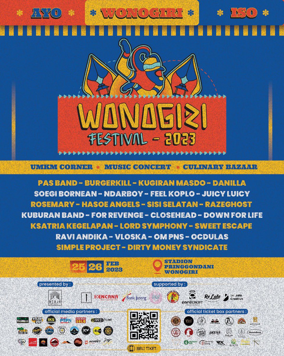 Kembali mengingatkan ya Dulur, akan ada 25 line up, bazar makanan dan UMKM corner yang akan memeriahkan Wonogiri Festival 2023!

Jangan sampai ketinggalan menjadi bagian sejarah baru Wonogiri!

Amanin tiketnya di:
wonogirifestival.com

Sampai jumpa di Wonogiri Festival 2023!
