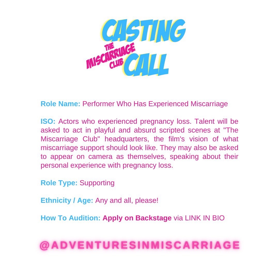 cherylfurjanic's tweet photo. Are you a member of “The Miscarriage Club?” NYC CASTING CALL for 3/15 shoot. ISO: Actors who have miscarried to be cast in playful scripted scenes at "Miscarriage Club" HQ (our vision of what miscarriage support SHOULD look like) &amp; share own preg loss experience. LINK IN BIO https://t.co/8rR3fOKcCV