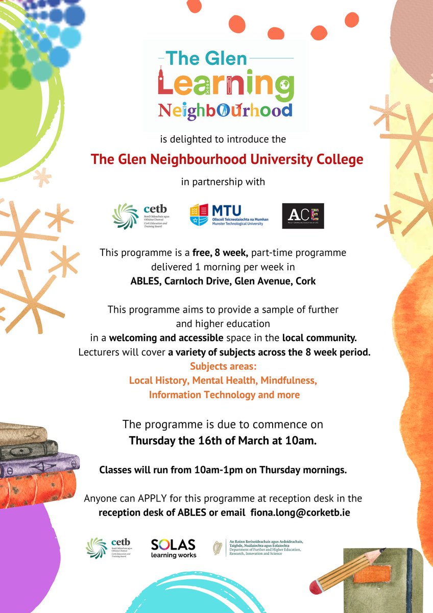 The Glen Learning Neighbourhood are delighted to introduce The Glen 'Neighbourhood University College' programme. The subjects will include Mental Health, Mindfulness, Local History and more..

#corkloveslearning #corkcelebrateslearning