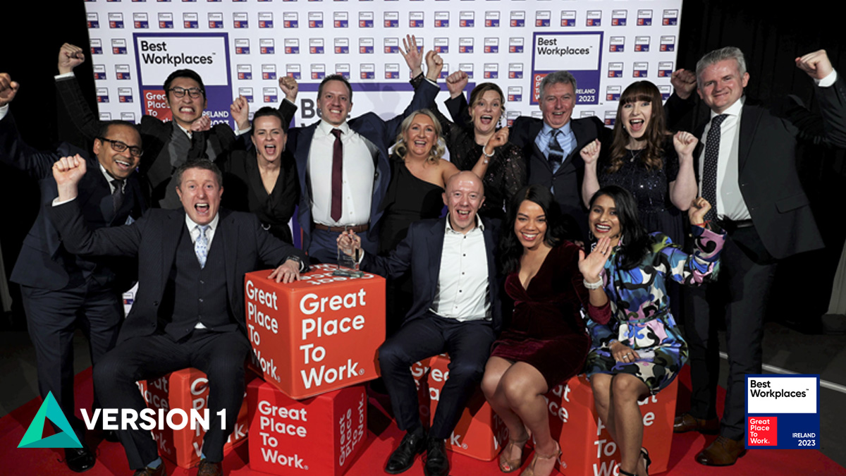 version1's tweet photo. Version 1 is officially Ireland’s #1 Best Large Workplace™🎉 

This is something we could not have achieved without the people in Version 1 who continuously strive for excellence🏆

Read about the award here👉https://t.co/uE1M16edWt 

#BestWorkplaces23 #InsideVersion1 https://t.co/yLrGnejNaQ