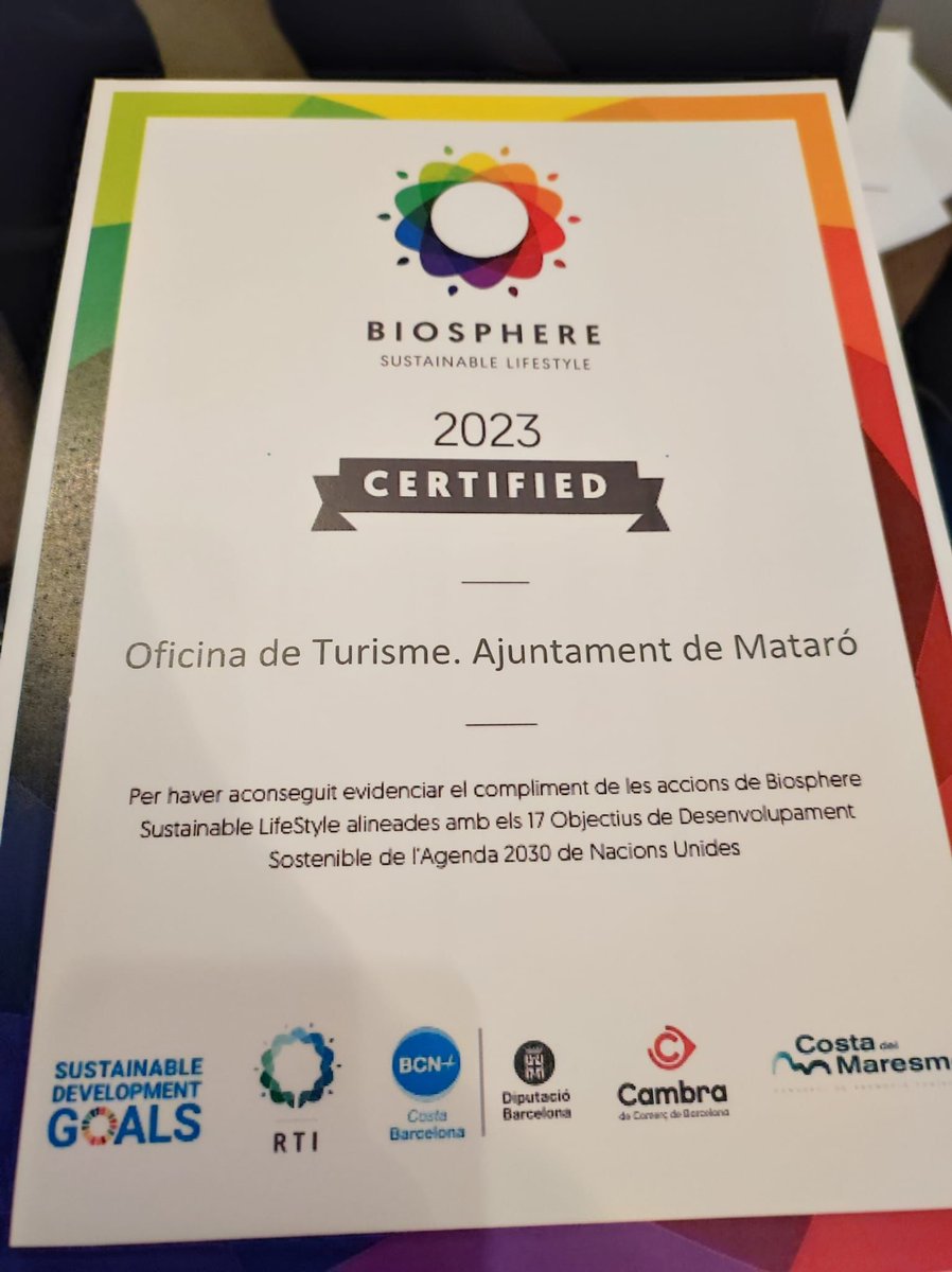 Un any més! 

L'Oficina de Turisme <a href="/visit_mataro/">Visit Mataró</a> ha renovat el distintiu @Biosphere_RTI pel seu compromís amb la sosteniblitat!

Enhorabona a <a href="/Blaumar94/">Blaumar</a>, <a href="/casacolliregas/">Casa Coll i Regàs</a>, <a href="/greeneventsbcn/">Teambuilding</a>, #LasalDelVarador, <a href="/portdemataro/">Port de Mataró</a> i <a href="/ValuaTravel/">Valua Travel</a>, que també han obtingut aquest reconeixement!