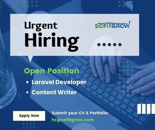 We are looking for a Laravel Developer and content writer.
Hurry Up
#jobhiring #job #job2022 #dotnet #dotnetdeveloper #dotnetjobs #dotnetdevelopment #dotnetdeveloperindia #hiring #service #sofitgrowsolutions #jobs #developer #work #workfromoffice #office #team #jaipur #experience
