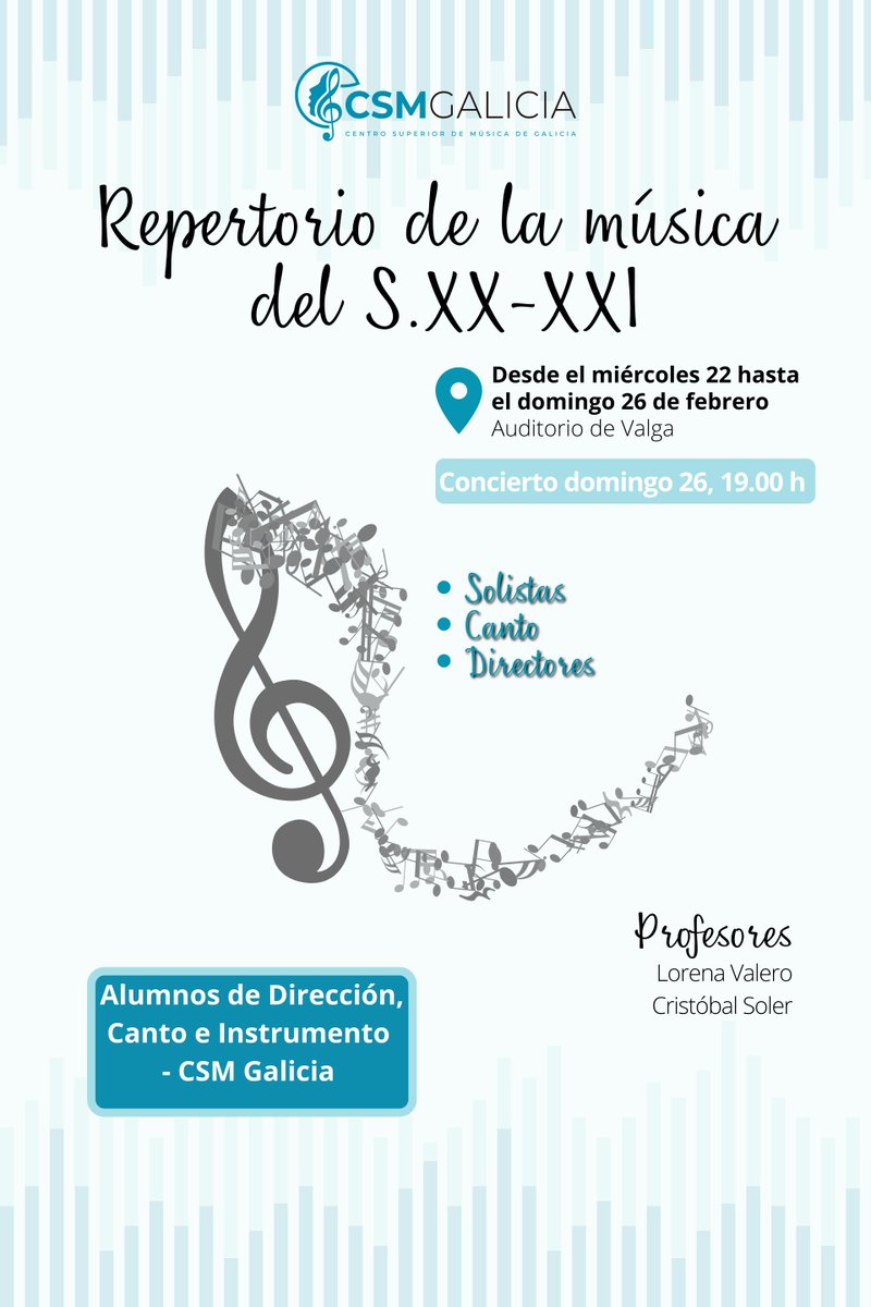 Con los alumnos de Dirección, Canto e Instrumento del #CSMGalicia y los profesores Lorena Valero y Cristóbal Soler, el Auditorio de Valga está siendo escenario de piezas de la música del siglo XX-XXI.

☝Además, el domingo 26, a las 19.00 horas, habrá concierto. ¿Nos vemos?😉