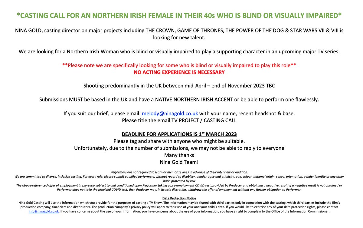 **NEW CASTING CALL** Looking for Northern Irish female, 40s, blind or visually impaired for an upcoming major TV series. see flyer below for info - please share!