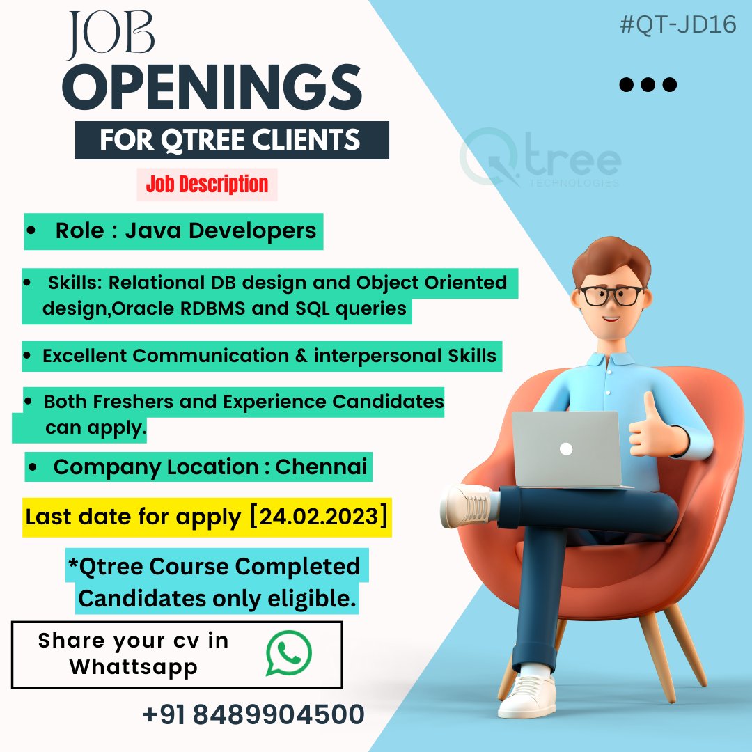 Qtreetech's tweet photo. Job Openings For Qtree Clients
Company Location : Chennai Qtree course completed candidates only eligible.
Share Your resume to HR - 8489904500 or hrqtreetechnologies@gmail.com
#placement #jobopertunity #job #qtreeplacement #qtreejob #hrinterview #hiringnow #hr #softwaredevelop https://t.co/bGq9k2bcc5