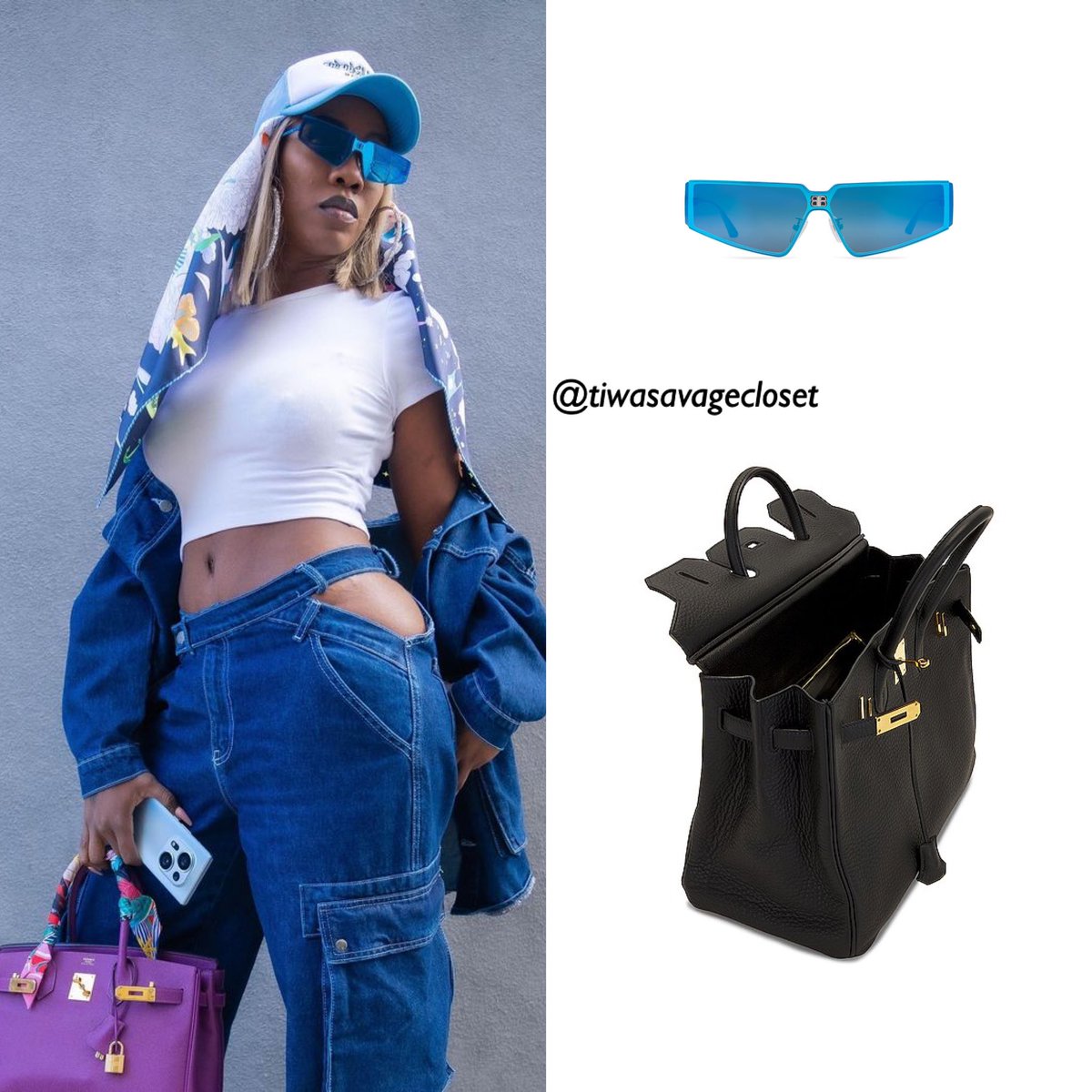 Iconictiwasavag's tweet photo. @TiwaSavage on IG today😍DEETS: 👇
• @prettylittlething Denim jacket and trouser set £70/ 38,823 NGN 
• @balenciaga shades £350/ 194,111 NGN 
• @hermes Birkin 35 $16,500/ 7,597,054 NGN 
• @marni fur slippers £650/360,591 NGN 
• @afrodiziacng Rebirth hat £20/ 11,095 NGN https://t.co/BrDWmeXREw