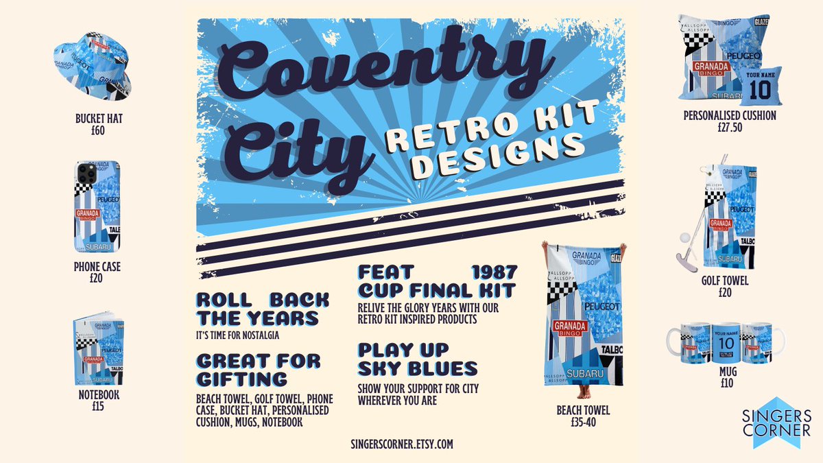 SingersCornerSC's tweet photo. Have you seen our range of retro Sky Blues inspired designs?👀 

All of the products below are available to buy from https://t.co/MA6tWavDRt 🖥 

#pusb https://t.co/k1ZgpU6Brs