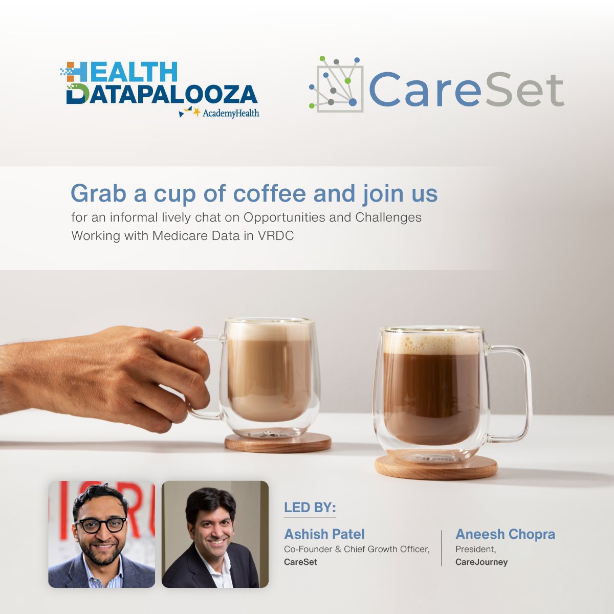 CareSet's tweet photo. Visit us at the @AcademyHealth #hdpalooza - Feb. 23-24. Please join us for a cup of coffee as we discuss the opportunities and challenges of working with #Medicare data in #VRDC -- today at 230 pm. https://t.co/0ghm67iMPH https://t.co/BBiOgvbQ4p