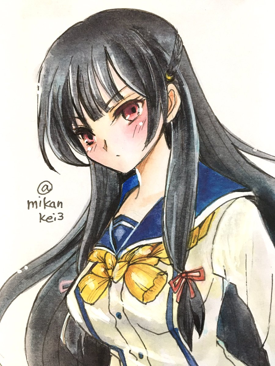 isokaze (kancolle) 1girl black hair solo long hair red eyes school uniform serafuku  illustration images