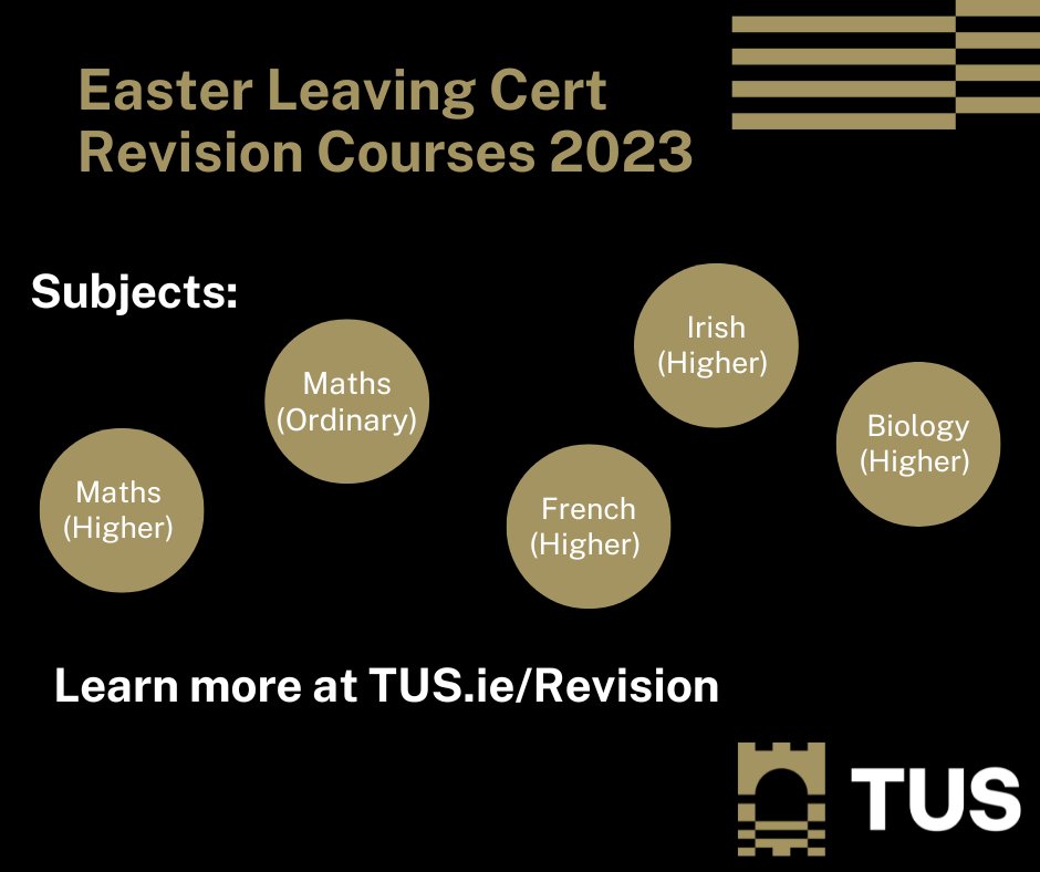 TUS_ie's tweet image. 📢Calling all leaving cert students! TUS is hosting a number of 3-day Easter Revision Courses for Leaving Cert students on our Moylish campus in Limerick City from the 11th to the 13th of April. 

Find more information at tus.ie/revision 

#revisioncourse #leavingcert
