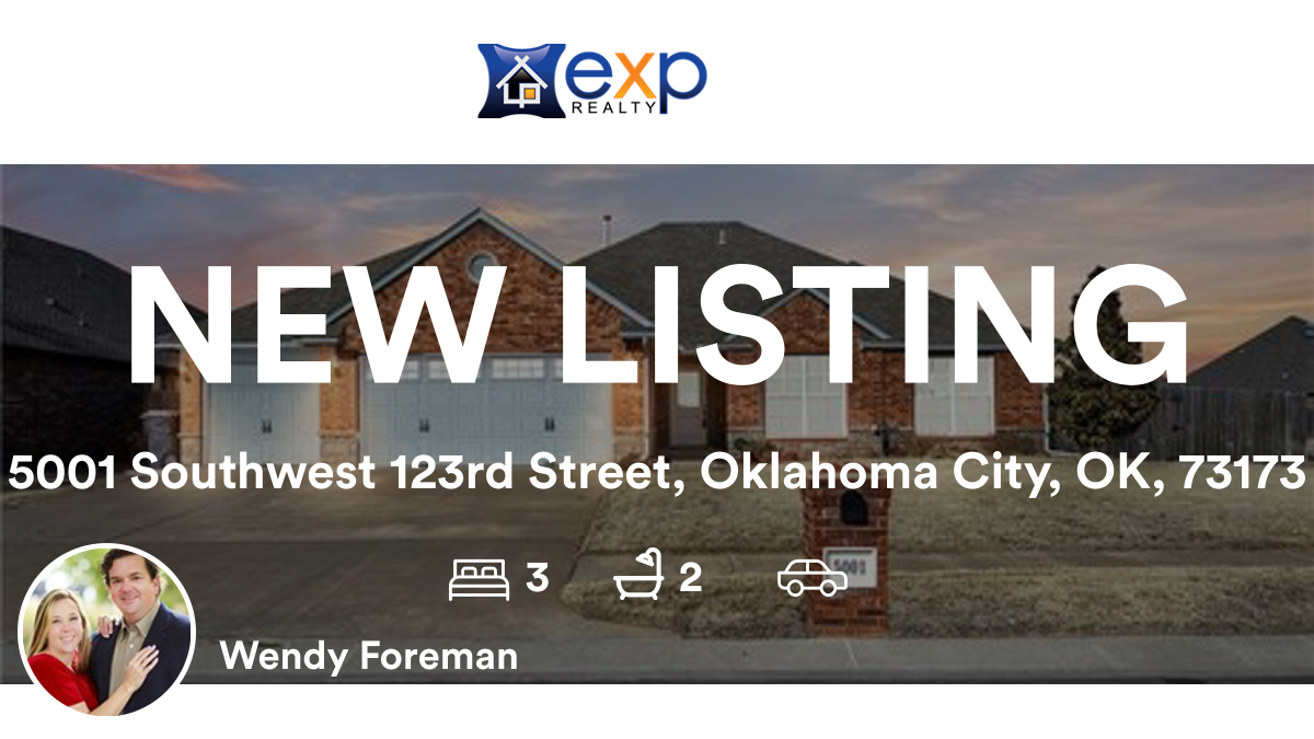 🛌 3 🛀 2
📍 5001 Southwest 123rd Street, Oklahoma City, OK, 73173

My latest listing on RateMyAgent.
 139126
rma.reviews/FUd0PTWRlrvl

...
#ratemyagent #realestate #eXp_Realty