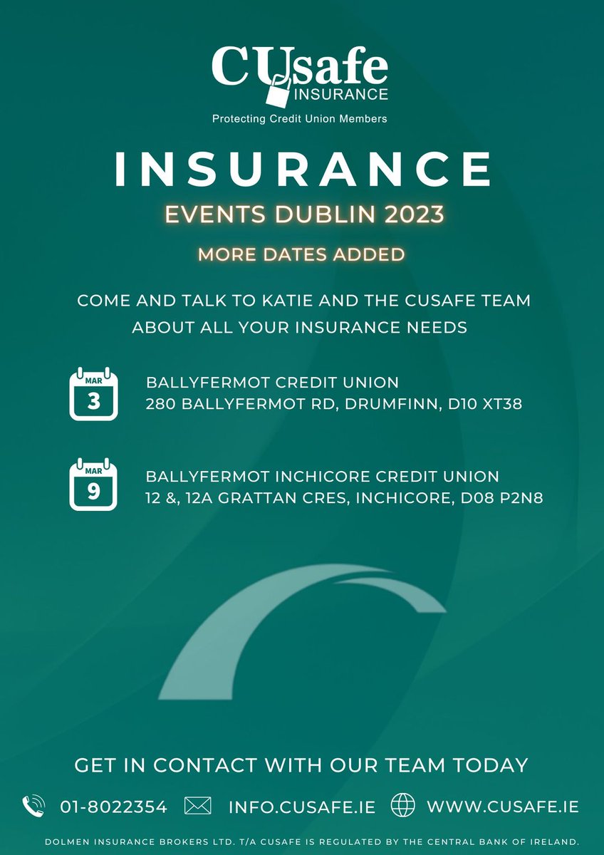CU_Safe's tweet photo. Our CUSafe team will be continuing, their on the road insurance days with a visit to Ballyfermot Inchicore Credit Union Ltd., and we'd love for you to join us. 
To find out more, visit
Visit: https://t.co/6Te0AZgikz
Email: INFO@CUSAFE.IE
Call: 01 802 2354 https://t.co/9lH013YIWq