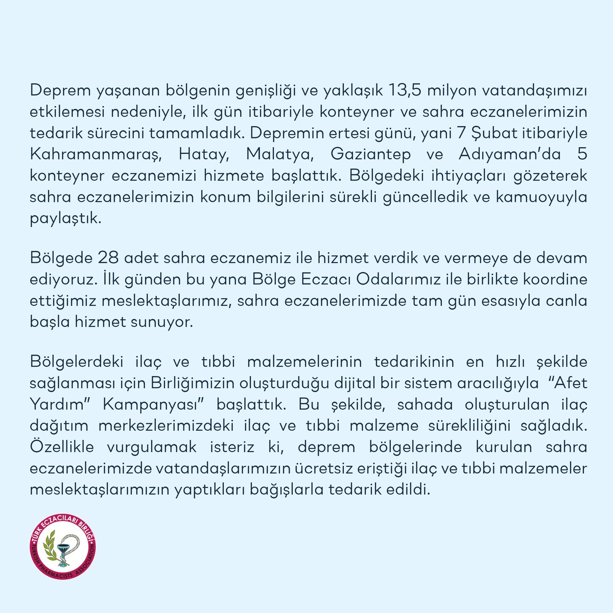 tebkurumsal's tweet photo. Türk Eczacıları Birliğinin deprem felaketi sonrası yürütmüş olduğu afet yönetim sürecine ilişkin 22 Şubat 2023 tarihli basın bilgilendirmesi. #deprem https://t.co/ylO1nX5jdd