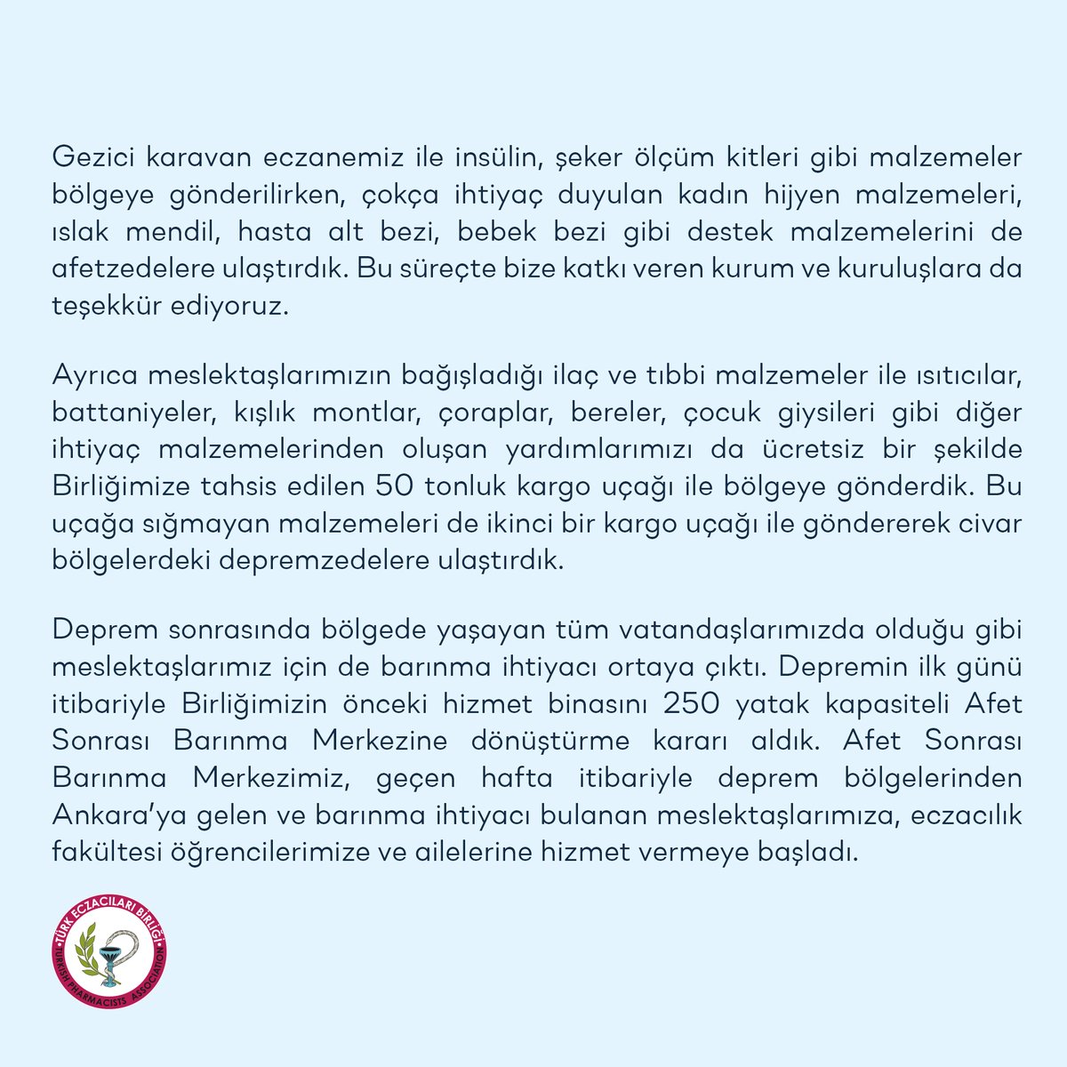 tebkurumsal's tweet photo. Türk Eczacıları Birliğinin deprem felaketi sonrası yürütmüş olduğu afet yönetim sürecine ilişkin 22 Şubat 2023 tarihli basın bilgilendirmesi. #deprem https://t.co/ylO1nX5jdd