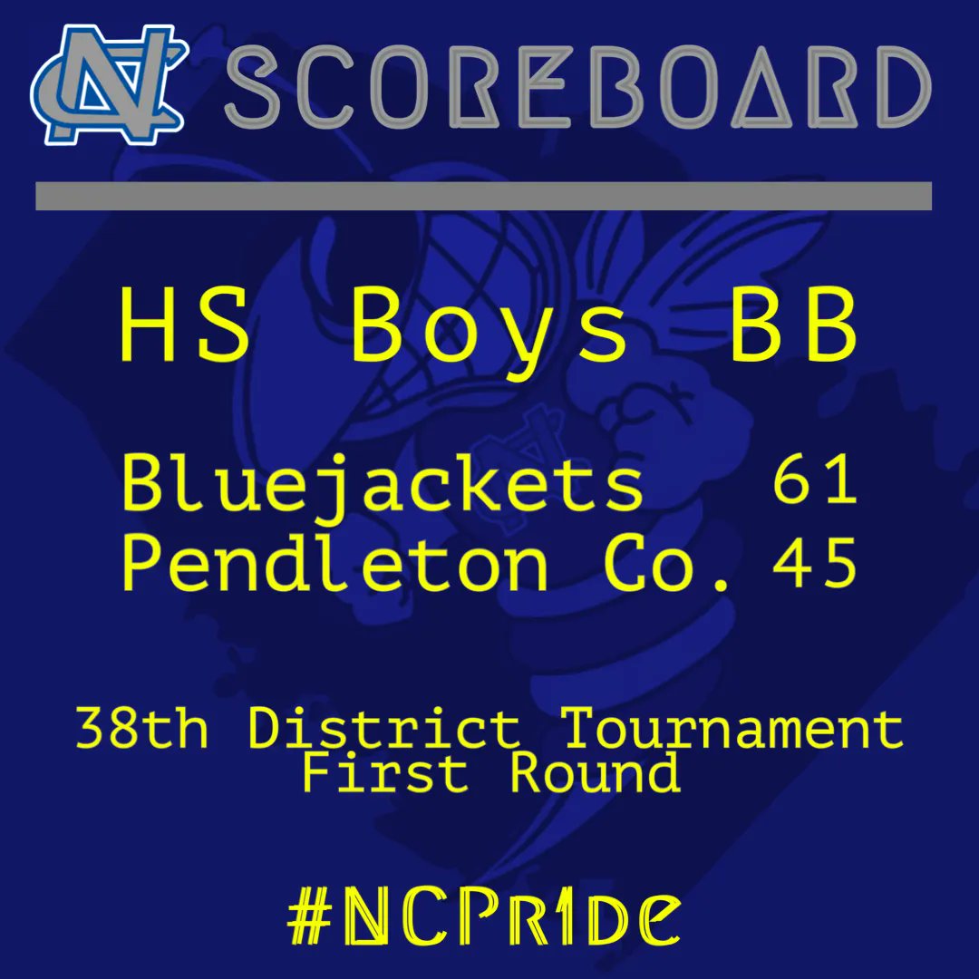 nicholasschools's tweet photo. Scoreboard Update! The Bluejackets advance to the 38th District Tournament Finals with the win over Pendleton Co.! Championship game tomorrow night, tip-off @ 7pm, @ Robertson Co. HS vs. Harrison Co. #LetsGo #BluejacketPride #NCPr1de https://t.co/qAnDSiExlF