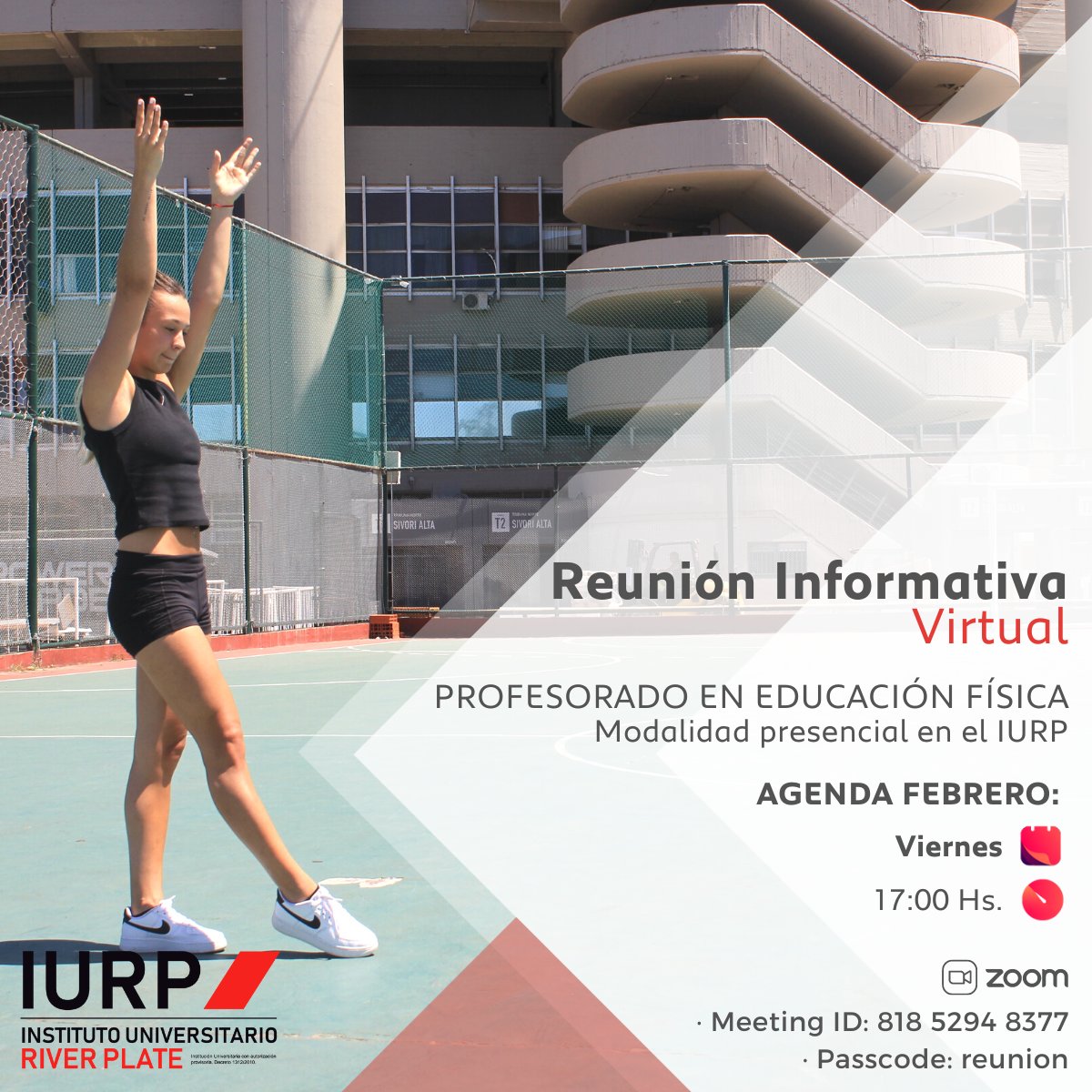 IURPoficial's tweet photo. Te invitamos a participar de las reuniones virtuales informativas para el Profesorado en Educación Física, serán todos los viernes de febrero a las 17hs por zoom.
Para ingresar a la reunión de zoom:
Meeting ID: 818 5294 8377
Passcode: reunion
#IURP #RiverPlate #EduCARP https://t.co/tg9kGJpUpK