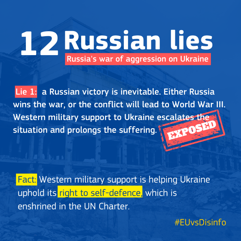 EU_Commission's tweet photo. Russia’s 12 predominant lies exposed ✋  

Well before the full-scale invasion of Ukraine, a constant flow of lies paved the way for Russian military aggression.

Here we expose lies about the war spread by the Kremlin disinformation machine ↓

#StandWithUkraine #EUvsDisinfo