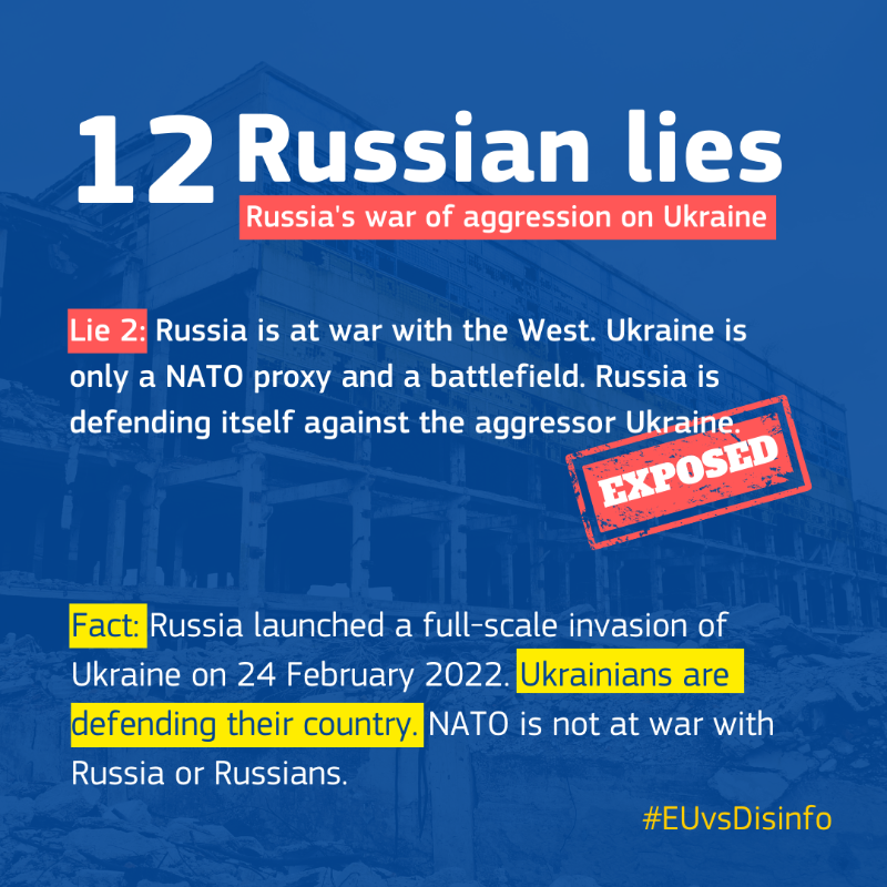 EU_Commission's tweet photo. Russia’s 12 predominant lies exposed ✋  

Well before the full-scale invasion of Ukraine, a constant flow of lies paved the way for Russian military aggression.

Here we expose lies about the war spread by the Kremlin disinformation machine ↓

#StandWithUkraine #EUvsDisinfo