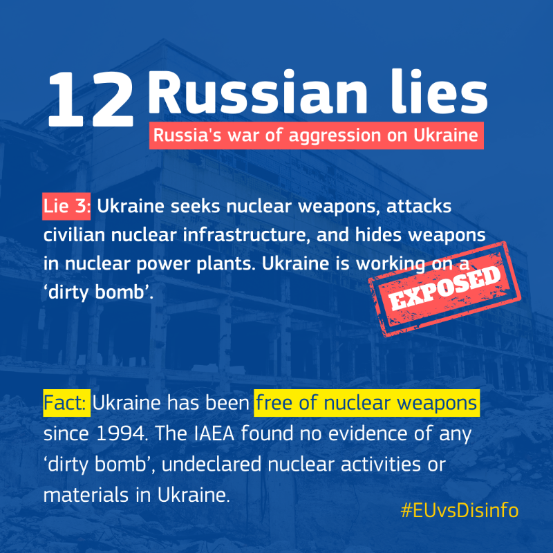 EU_Commission's tweet photo. Russia’s 12 predominant lies exposed ✋  

Well before the full-scale invasion of Ukraine, a constant flow of lies paved the way for Russian military aggression.

Here we expose lies about the war spread by the Kremlin disinformation machine ↓

#StandWithUkraine #EUvsDisinfo