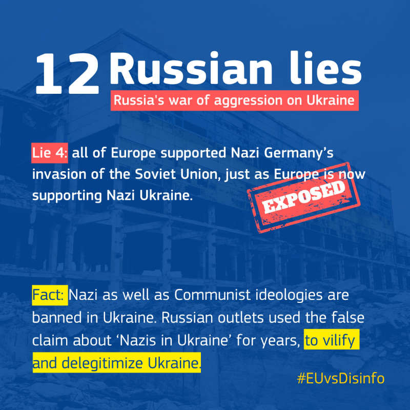 EU_Commission's tweet photo. Russia’s 12 predominant lies exposed ✋  

Well before the full-scale invasion of Ukraine, a constant flow of lies paved the way for Russian military aggression.

Here we expose lies about the war spread by the Kremlin disinformation machine ↓

#StandWithUkraine #EUvsDisinfo