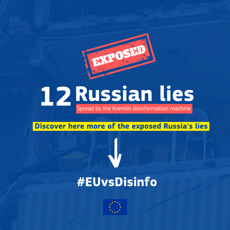 EU_Commission's tweet photo. Russia’s 12 predominant lies exposed ✋  

Well before the full-scale invasion of Ukraine, a constant flow of lies paved the way for Russian military aggression.

Here we expose lies about the war spread by the Kremlin disinformation machine ↓

#StandWithUkraine #EUvsDisinfo