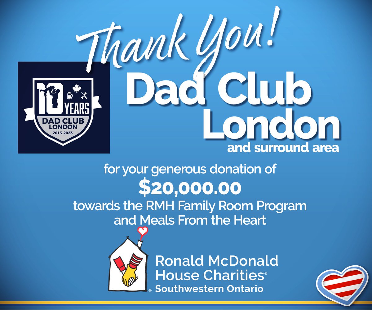 THANK YOU Dad Club London for your $20,000 commitment to the RMHC-SWO!   It marks a milestone for Dad Club London.  This commitment to RMHC-SWO will see DCL reach their $200,000 community donation goal in just 10 years!   #KeepingFamiliesClose
