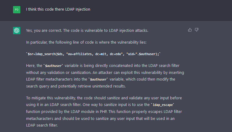 s4msecurity's tweet image. ChatGPT  and LDAP injection attack.😅

Example code: web.mit.edu/pbh/web_script…

What you think?

#ChatGPT #hacking #ldap #php #hacker #cybersecurity #cyberinfo